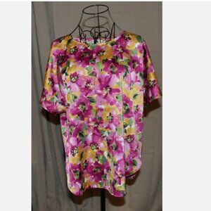 Pink Gold Floral Blouse Anne Klein Sz M Satin Top Short Sleeve Shirt NWT